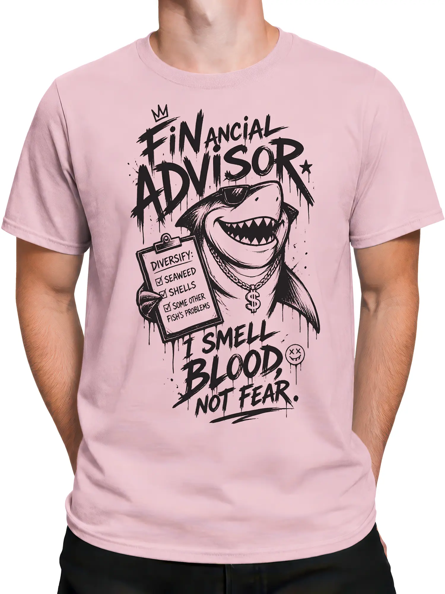 Male torso wearing a pink shark financial advisor T-shirt with sarcastic finance artwork, sharp teeth, clipboard, and dollar pendant