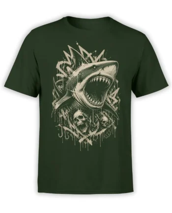 Deep green shark T-shirt with a snarling shark, sharp teeth, dripping artwork, and two skulls