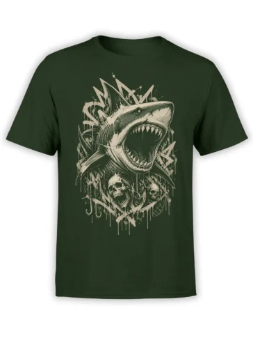 Deep green shark T-shirt with a snarling shark, sharp teeth, dripping artwork, and two skulls