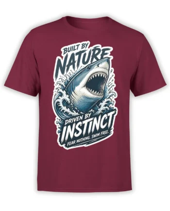 Burgundy shark T-shirt with crashing waves and bold Built by Nature graphic