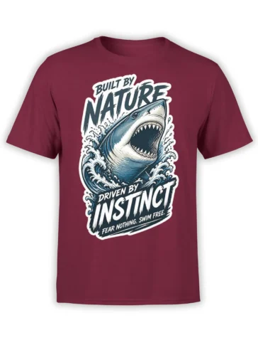 Burgundy shark T-shirt with crashing waves and bold Built by Nature graphic