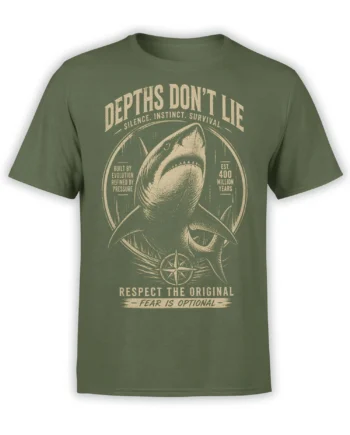 Olive green shark t-shirt with vintage compass artwork and the words Depths Don't Lie