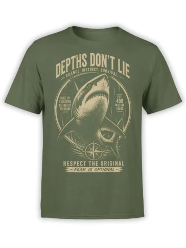 Olive green shark t-shirt with vintage compass artwork and the words Depths Don't Lie