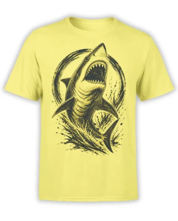 Yellow shark T-shirt with a vintage dark ink graphic of an open-mouthed shark rising through crashing waves