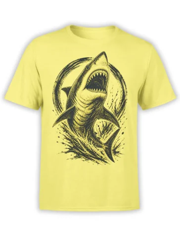 Yellow shark T-shirt with a vintage dark ink graphic of an open-mouthed shark rising through crashing waves