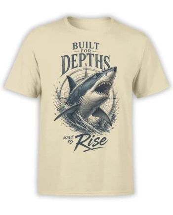 Beige T-shirt featuring a vintage shark, nautical compass, waves, and “Made to Rise” lettering