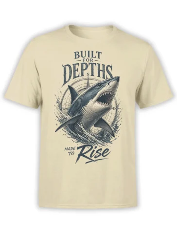 Beige T-shirt featuring a vintage shark, nautical compass, waves, and “Made to Rise” lettering