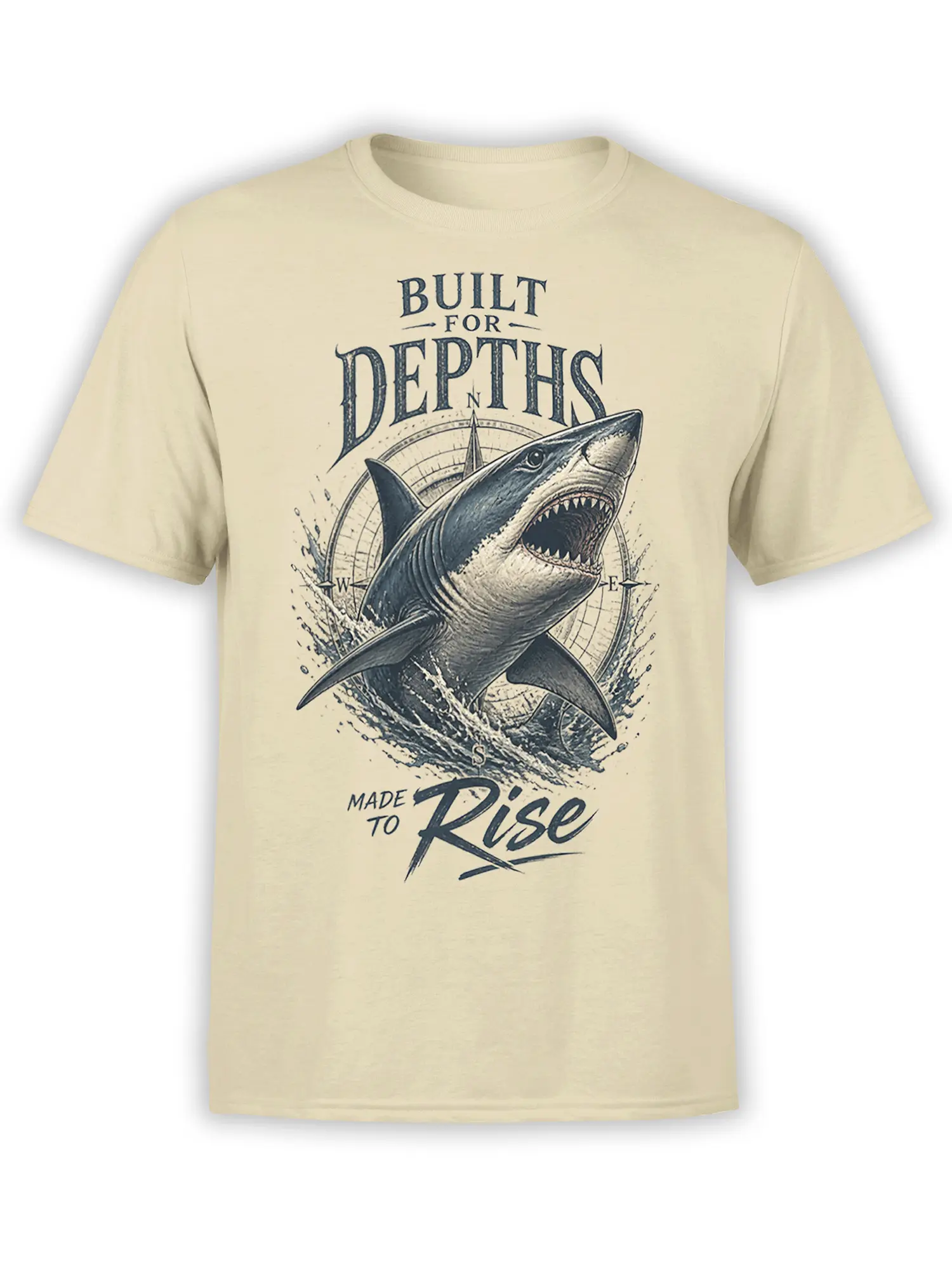 Beige T-shirt featuring a vintage shark, nautical compass, waves, and “Made to Rise” lettering