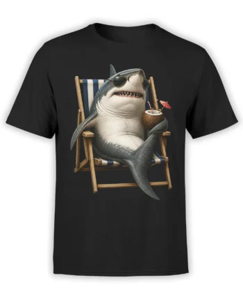 Black T-shirt with a relaxed shark wearing sunglasses and holding a coconut drink in a beach chair