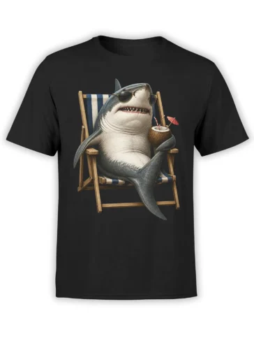 Black T-shirt with a relaxed shark wearing sunglasses and holding a coconut drink in a beach chair