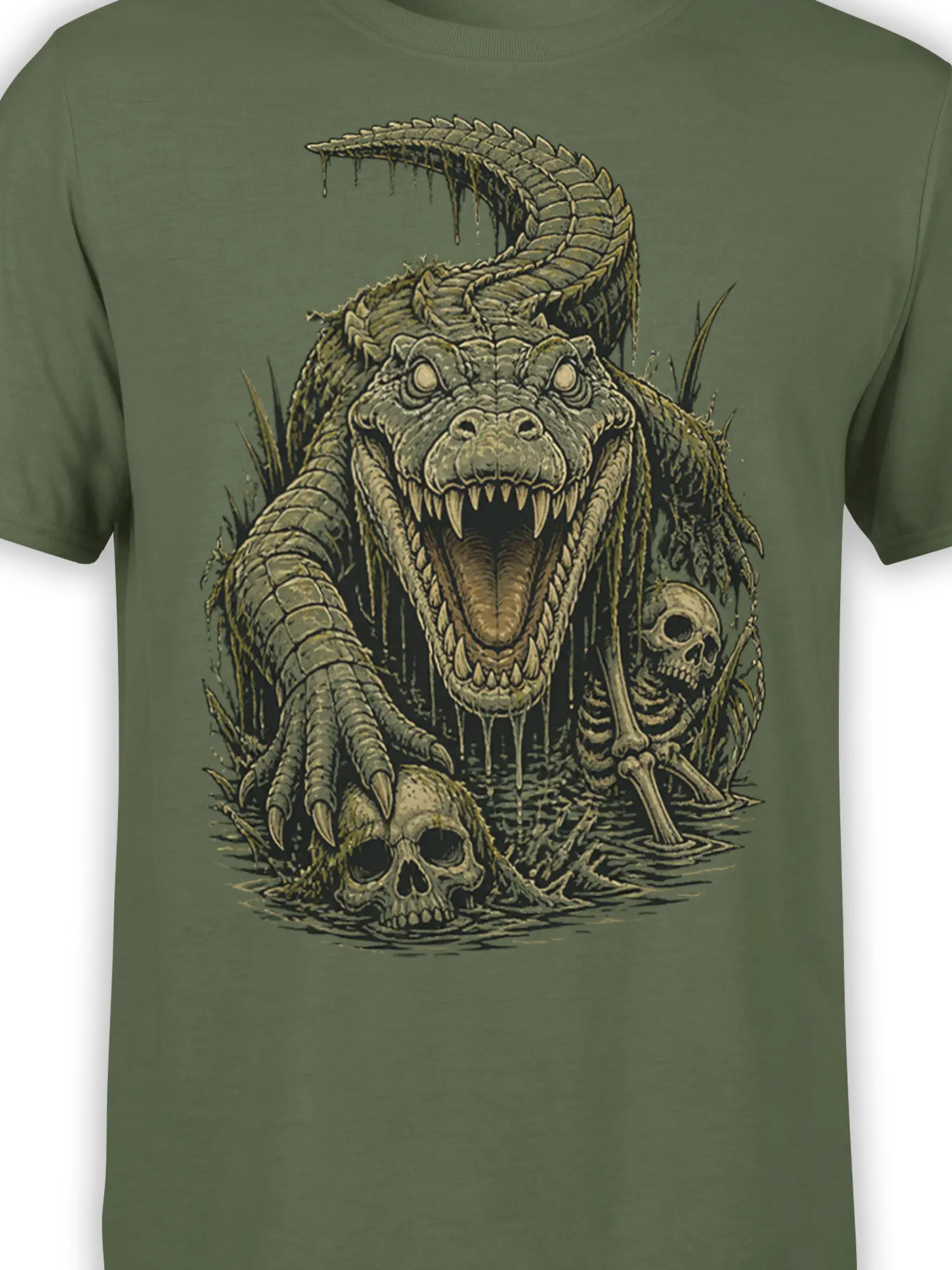 Detailed crocodile monster artwork with sharp teeth, armored scales, skulls, and swamp textures on a green shirt