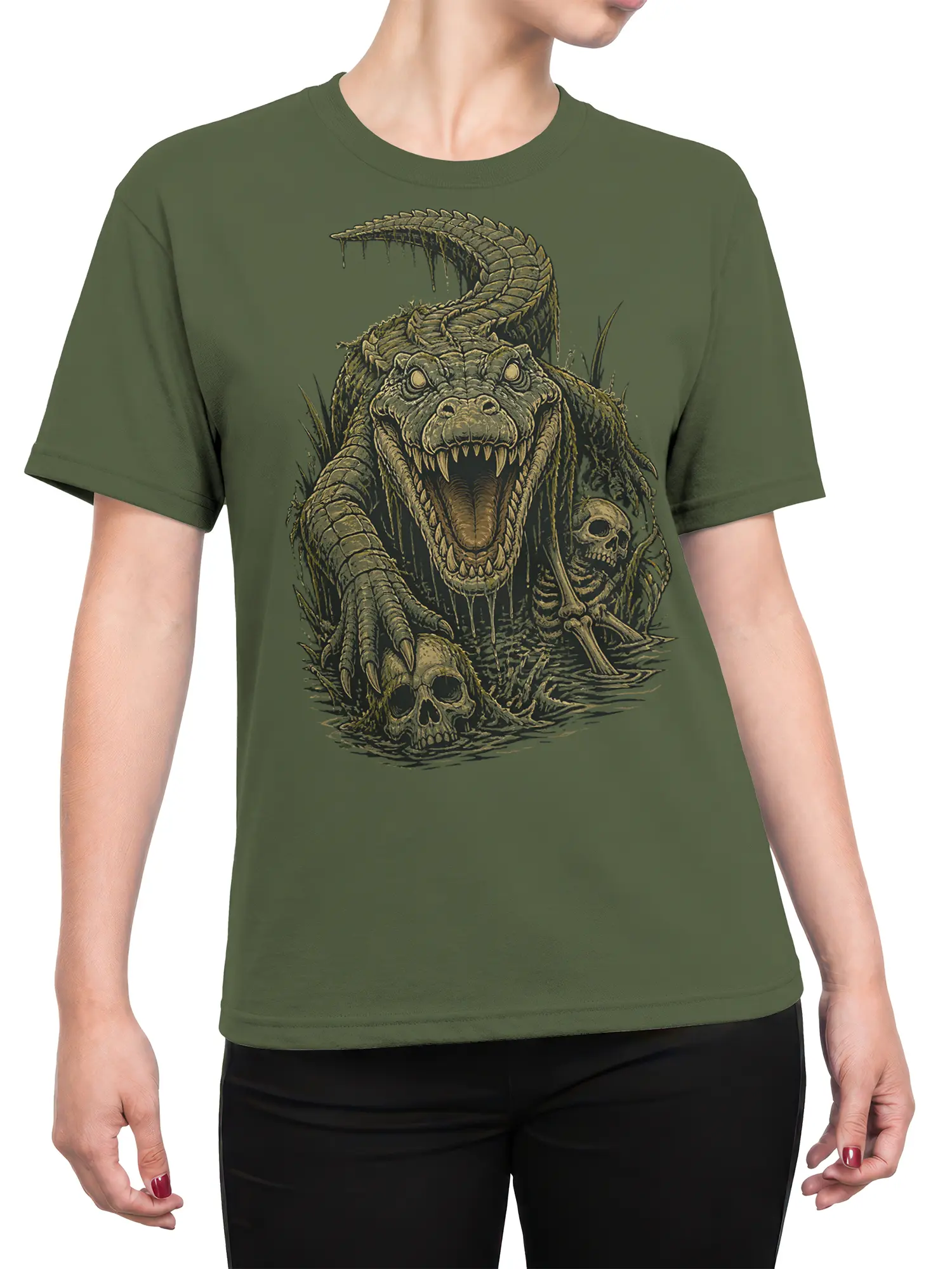 Female torso wearing a green T-shirt with a snarling crocodile monster, skulls, bones, and swamp artwork