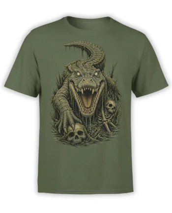 Menacing crocodile monster emerging from swamp water with skulls and bones on a green T-shirt