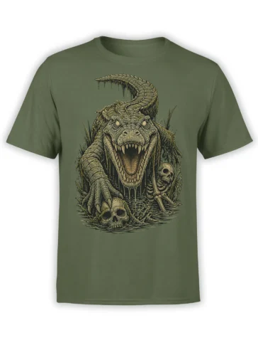 Menacing crocodile monster emerging from swamp water with skulls and bones on a green T-shirt