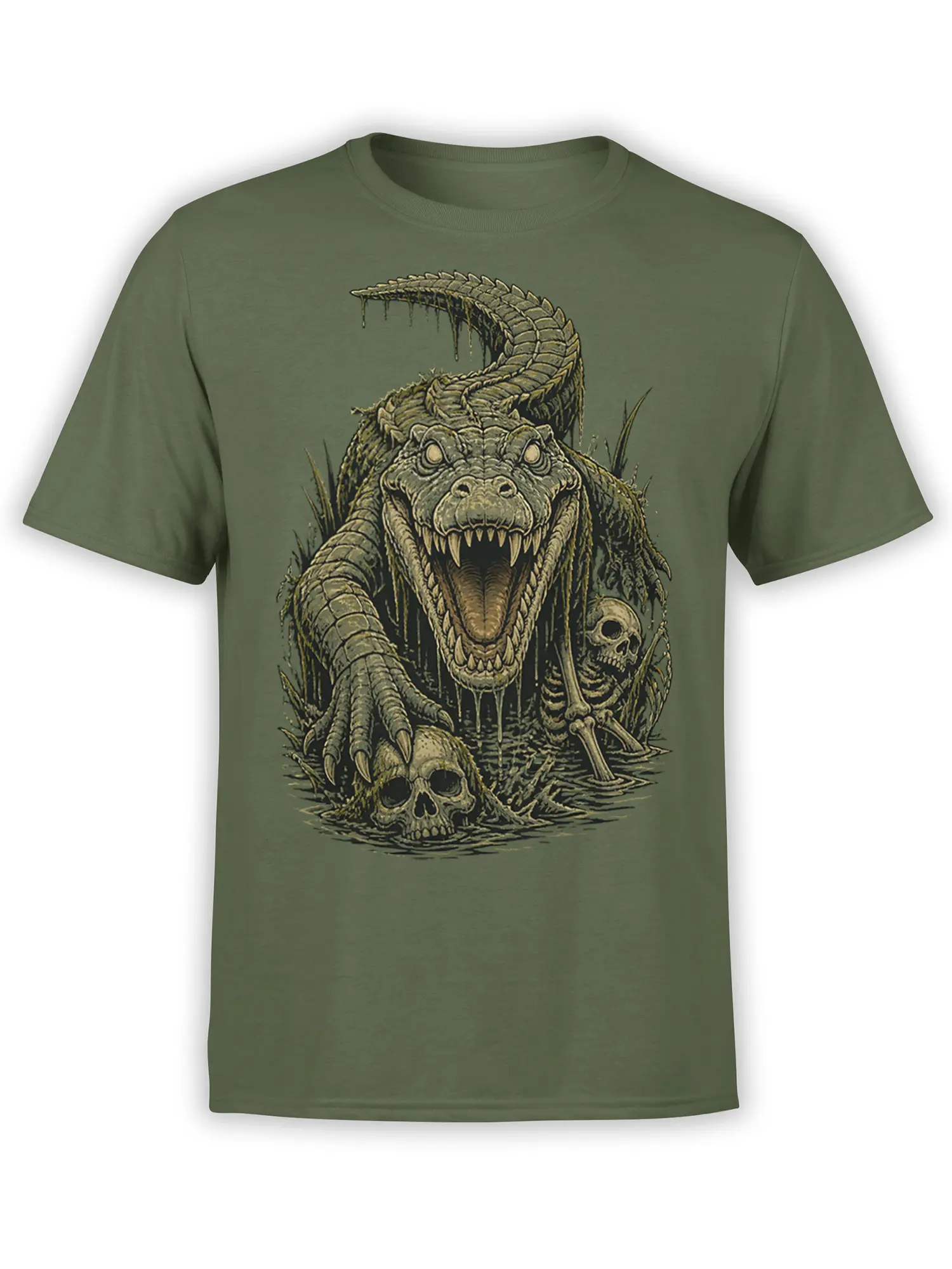 Menacing crocodile monster emerging from swamp water with skulls and bones on a green T-shirt