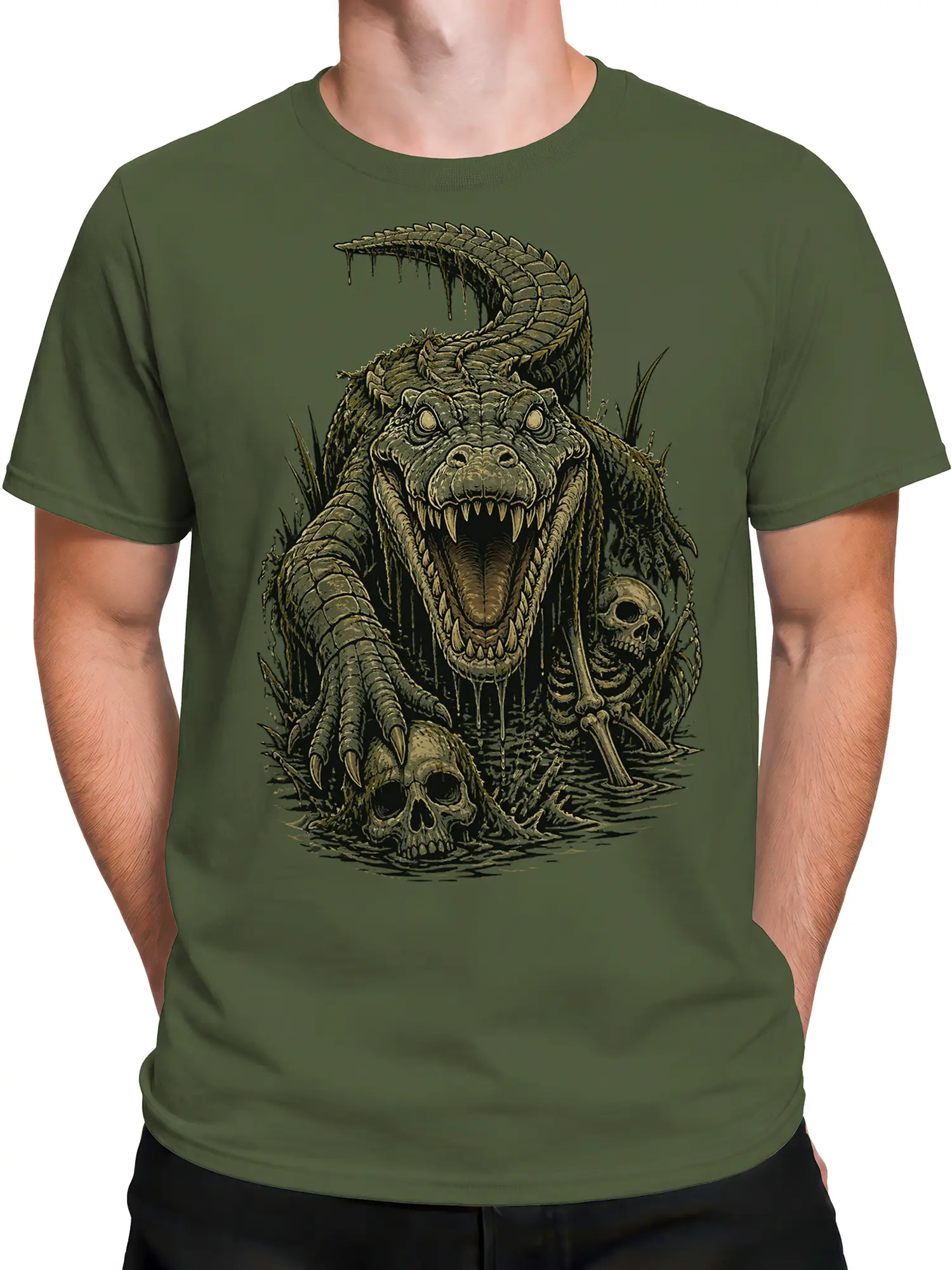 Male torso wearing a green T-shirt with a detailed crocodile monster and skull swamp graphic