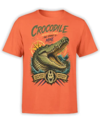 Orange crocodile T-shirt with open jaws, compass artwork, skull emblem, and bold vintage lettering