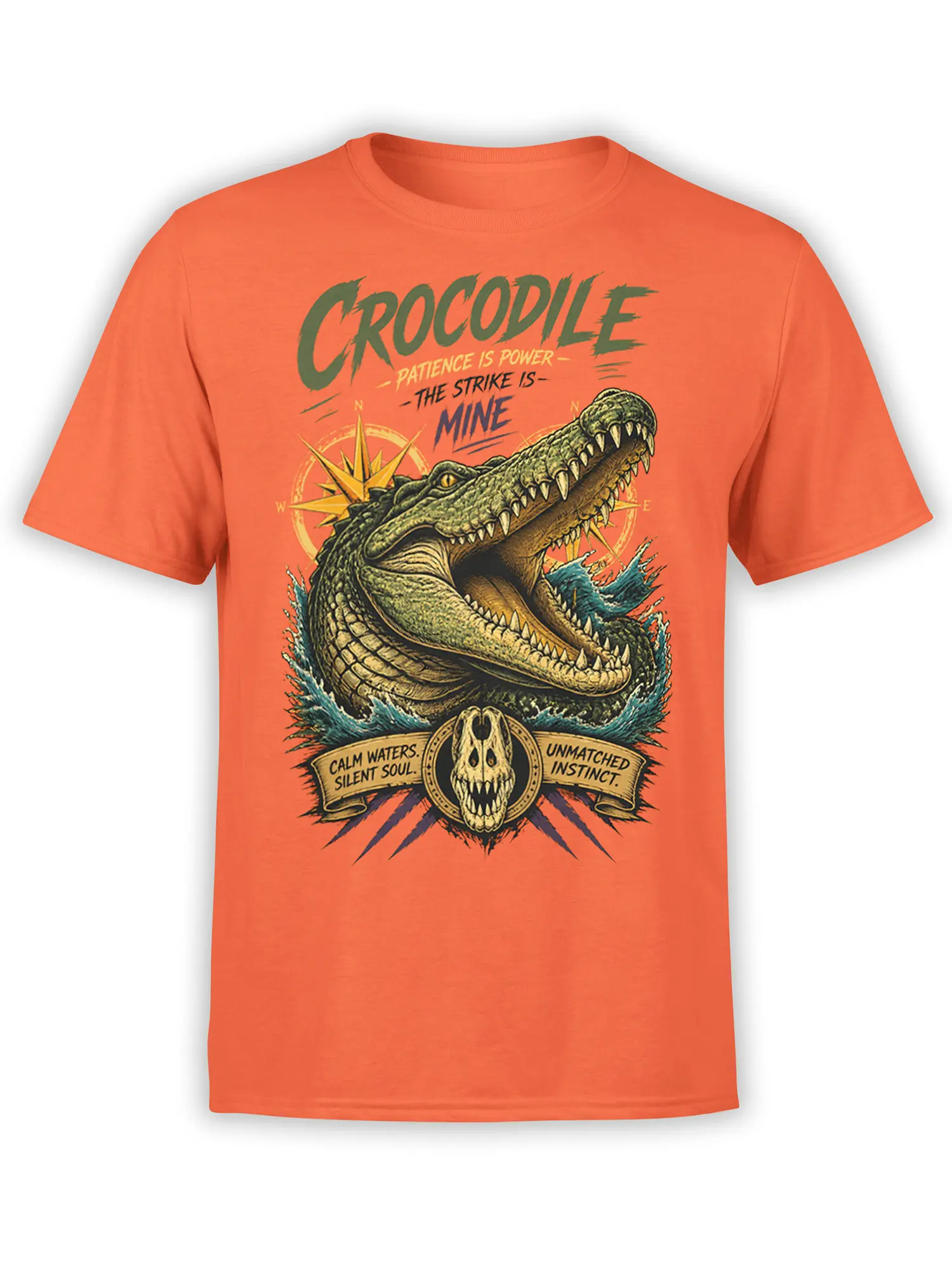 Orange crocodile T-shirt with open jaws, compass artwork, skull emblem, and bold vintage lettering
