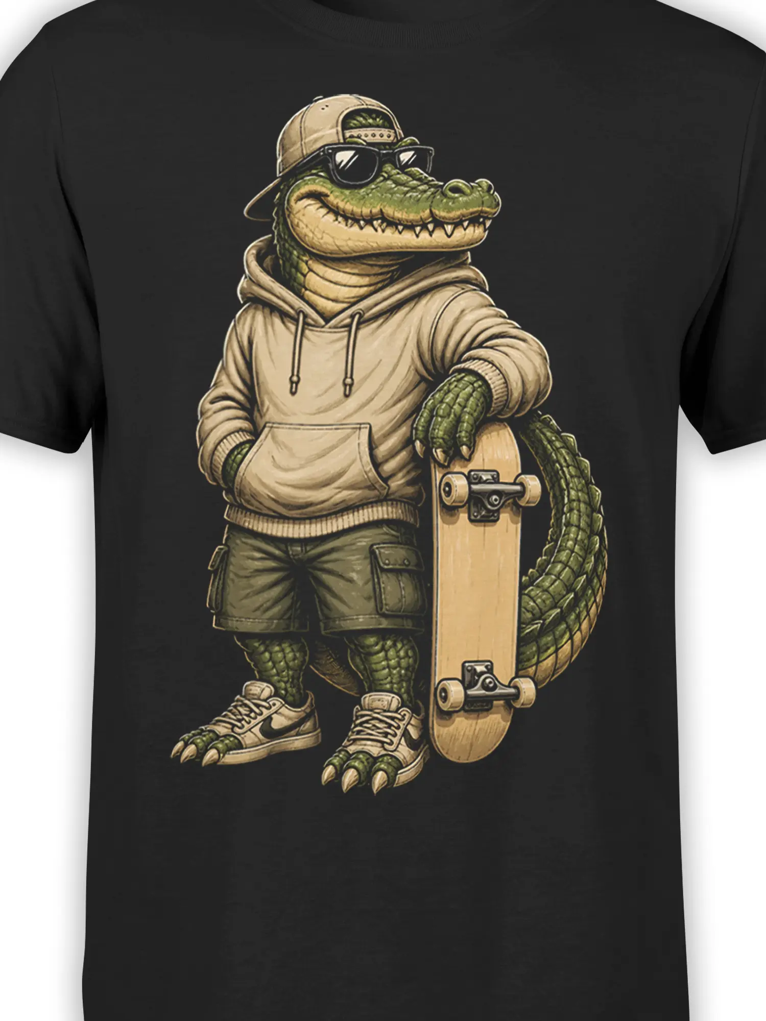 Close-up of the crocodile skateboarder graphic on a black T-shirt with earthy vintage colors