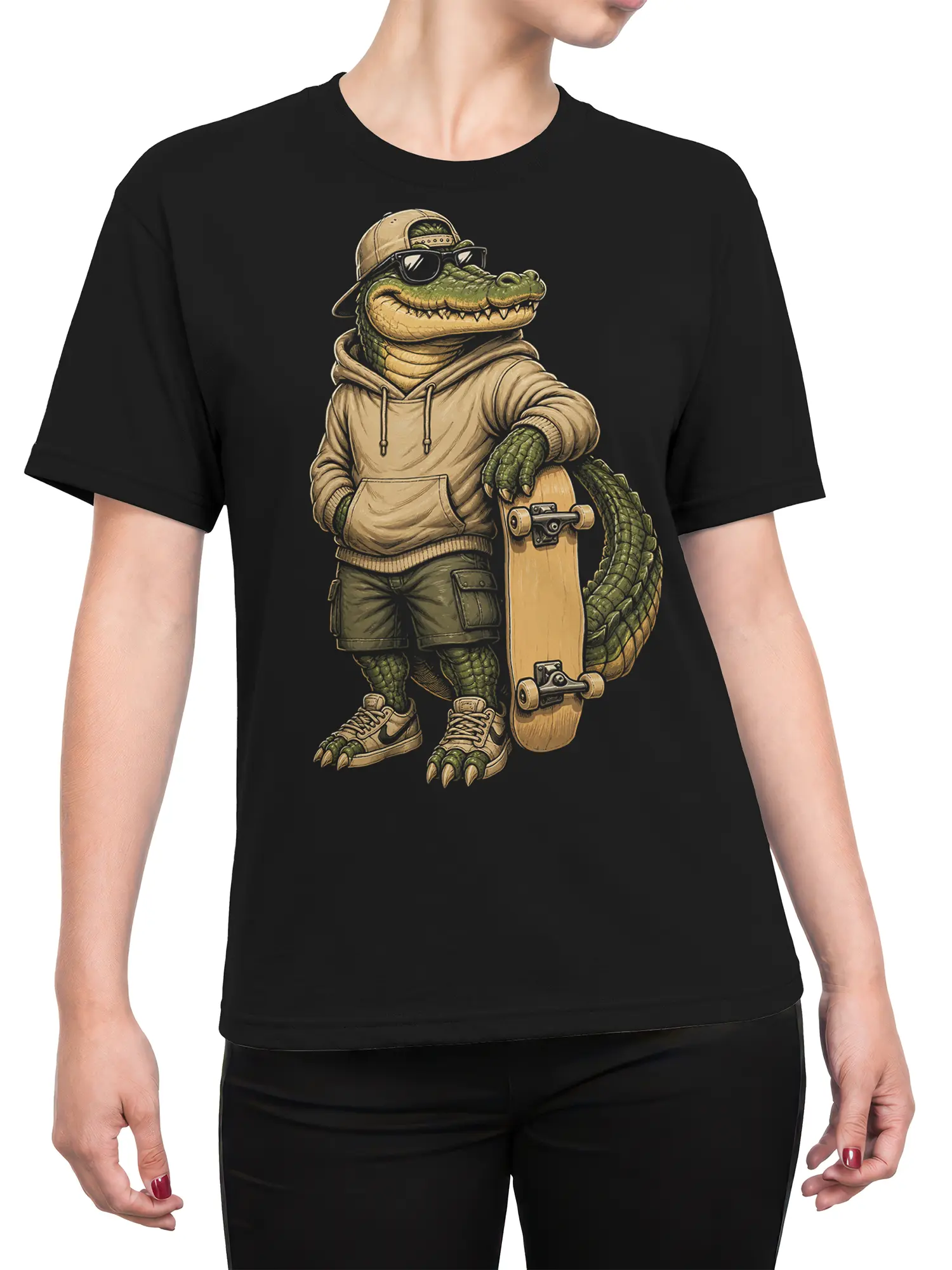 Female torso wearing a black T-shirt with a vintage crocodile skateboarder graphic and earthy colors