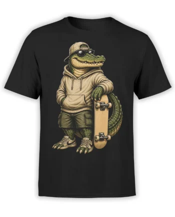 Black T-shirt with a vintage crocodile skateboarder wearing sunglasses, a cap, hoodie, and sneakers