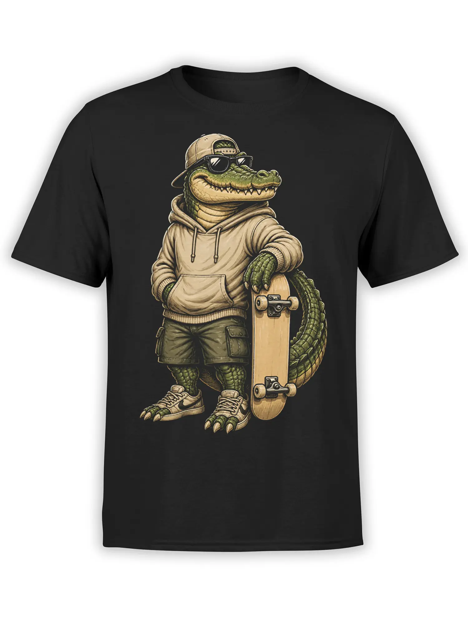 Black T-shirt with a vintage crocodile skateboarder wearing sunglasses, a cap, hoodie, and sneakers