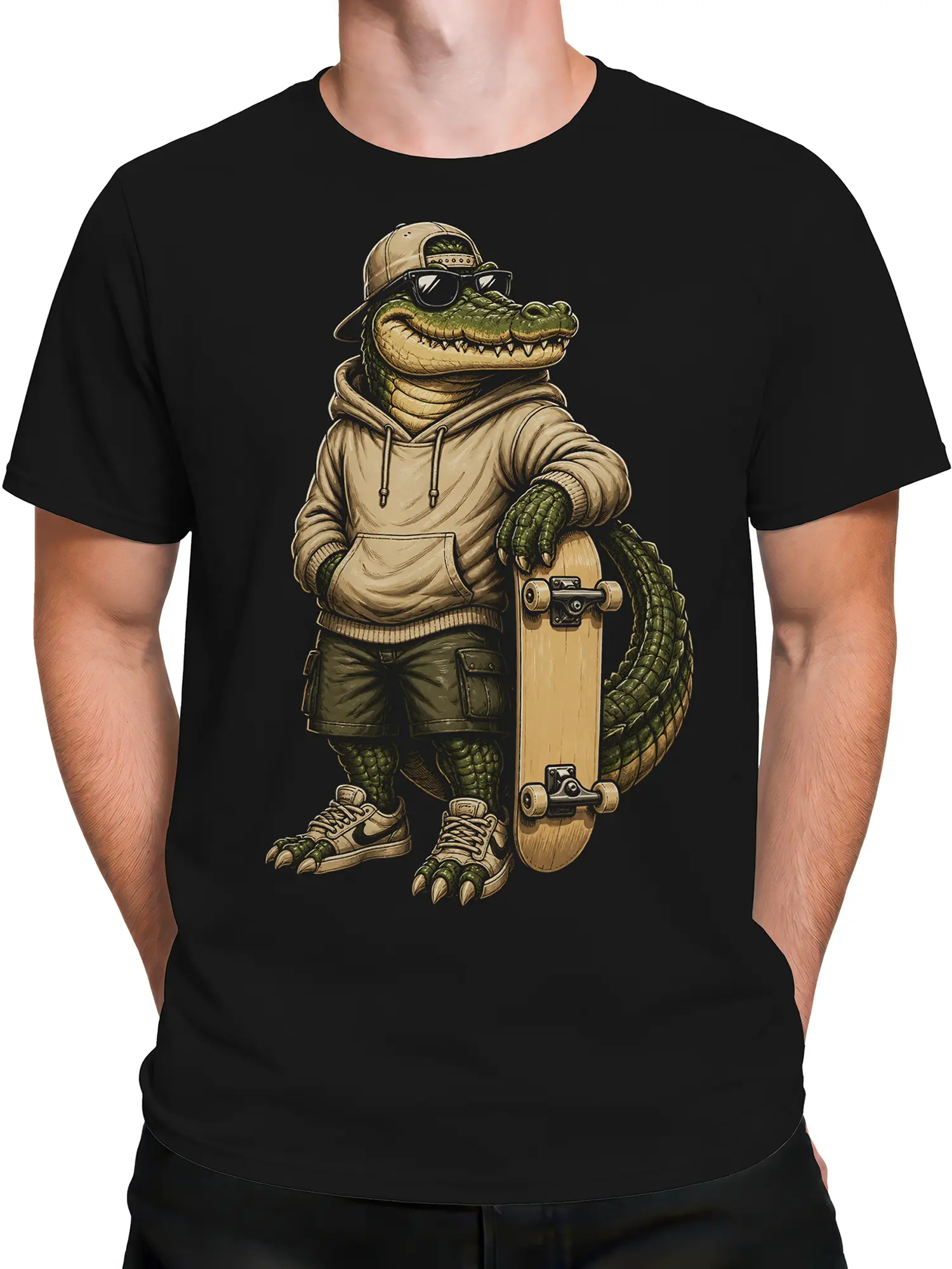 Male torso wearing a black T-shirt with a crocodile skateboarder in sunglasses and a backward cap