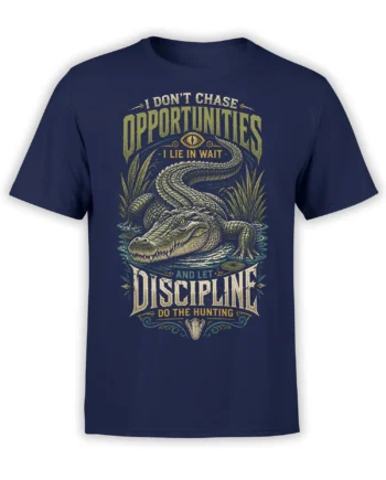 Vintage alligator graphic on a navy shirt with the words I Don't Chase Opportunities and Discipline
