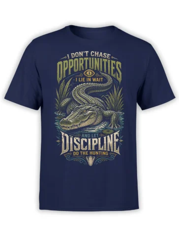 Vintage alligator graphic on a navy shirt with the words I Don't Chase Opportunities and Discipline