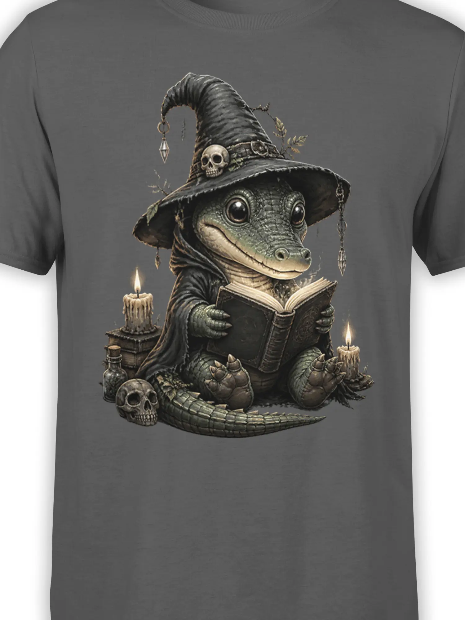Close-up of the crocodile wizard design, grimoire, pointed hat, candles, and skull details on gray fabric