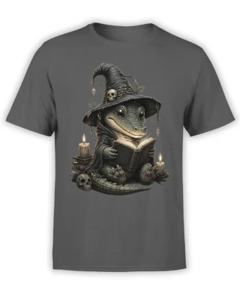 Dark gray T-shirt featuring a crocodile wizard reading a grimoire beside candles and skulls