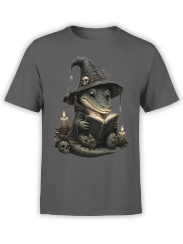Dark gray T-shirt featuring a crocodile wizard reading a grimoire beside candles and skulls