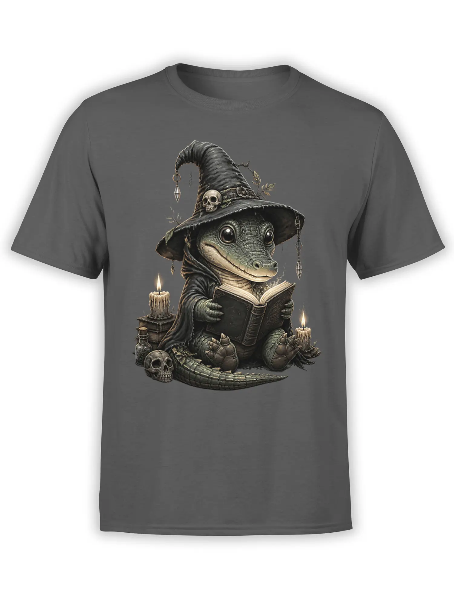 Dark gray T-shirt featuring a crocodile wizard reading a grimoire beside candles and skulls