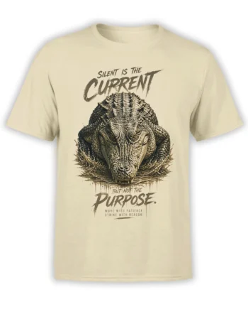 Detailed crocodile breaking through water on a beige T-shirt with silent current purpose lettering