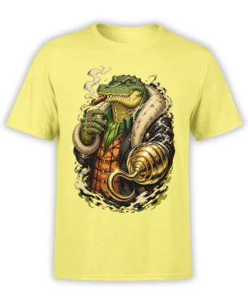 Green crocodile boss wearing a fur-collared coat and holding a golden hook on a yellow T-shirt