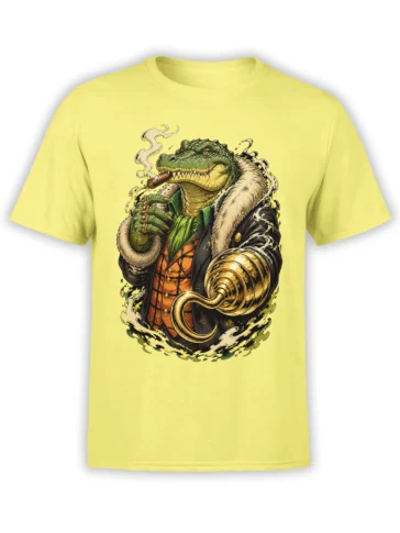 Green crocodile boss wearing a fur-collared coat and holding a golden hook on a yellow T-shirt