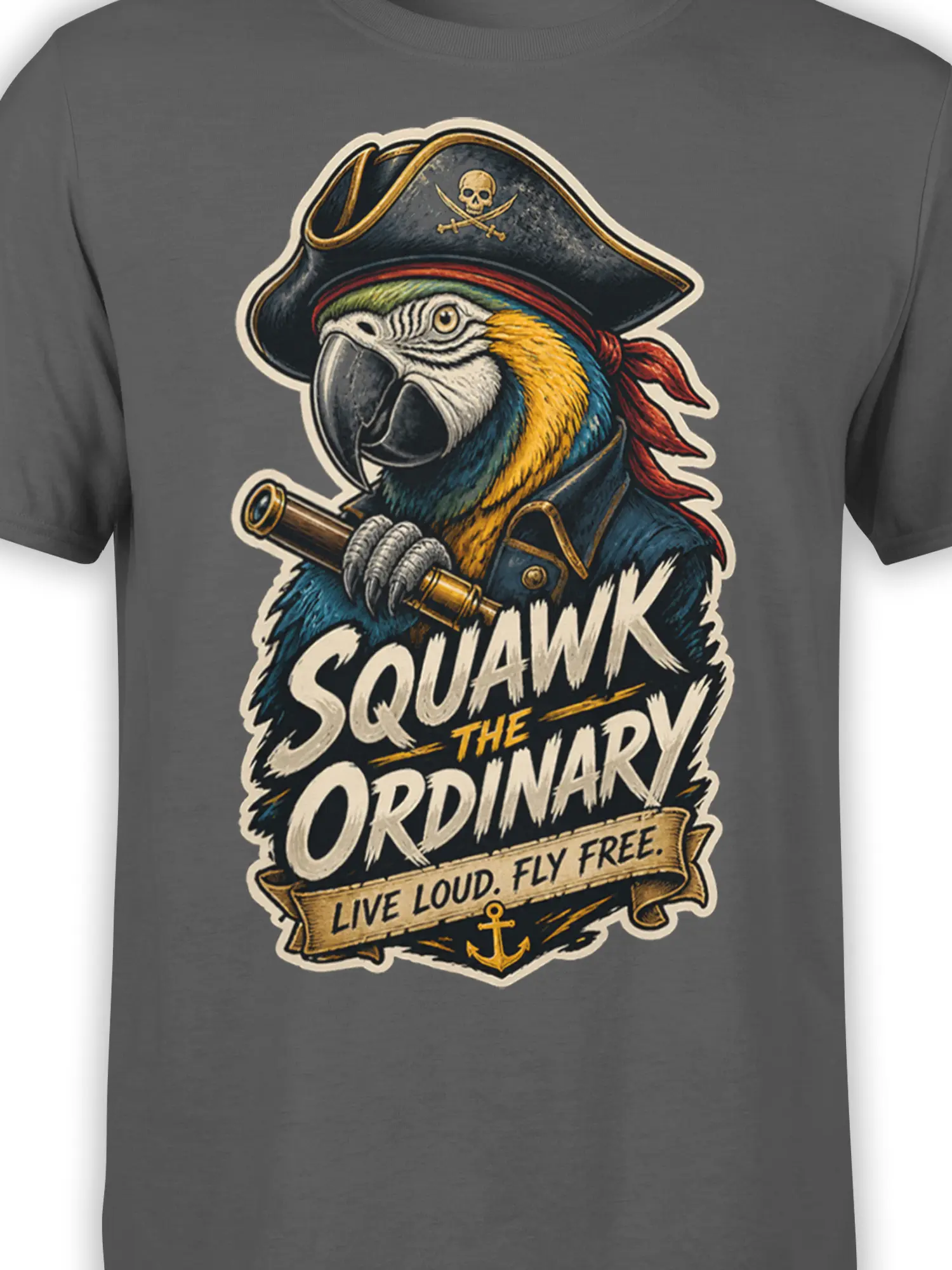 Close-up of colorful pirate parrot artwork with telescope, anchor, and Squawk the Ordinary text on gray fabric