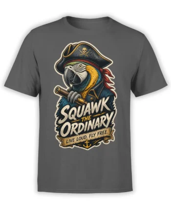 Gray parrot T-shirt with colorful pirate bird, telescope, anchor, and Squawk the Ordinary lettering