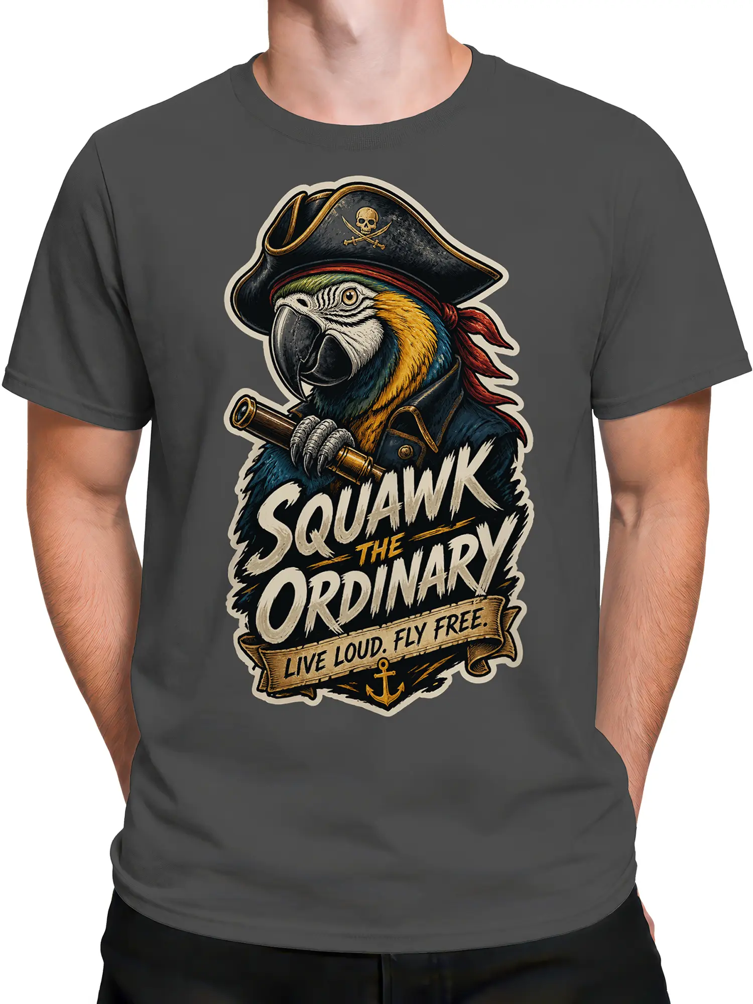 Male torso wearing gray pirate parrot T-shirt with bold Squawk the Ordinary graphic