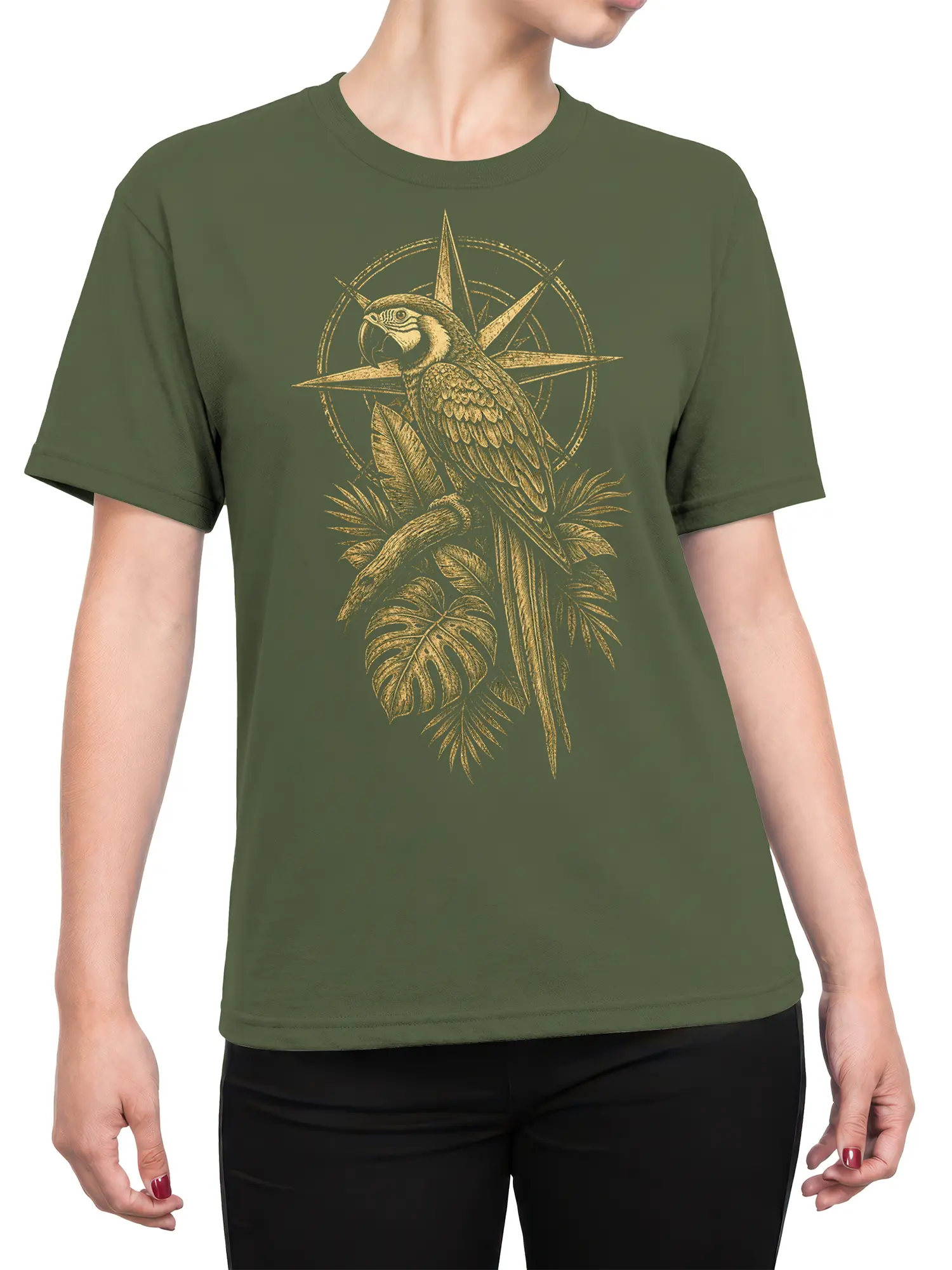 Female torso wearing an olive green T-shirt with vintage parrot and tropical compass artwork