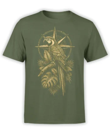 Vintage parrot perched among tropical leaves and a compass star on an olive green T-shirt