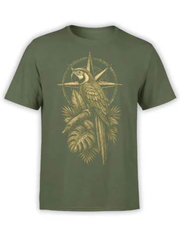 Vintage parrot perched among tropical leaves and a compass star on an olive green T-shirt