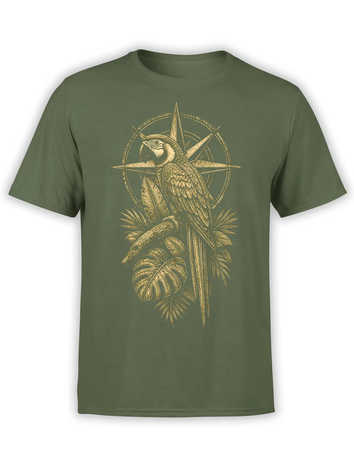 Vintage parrot perched among tropical leaves and a compass star on an olive green T-shirt