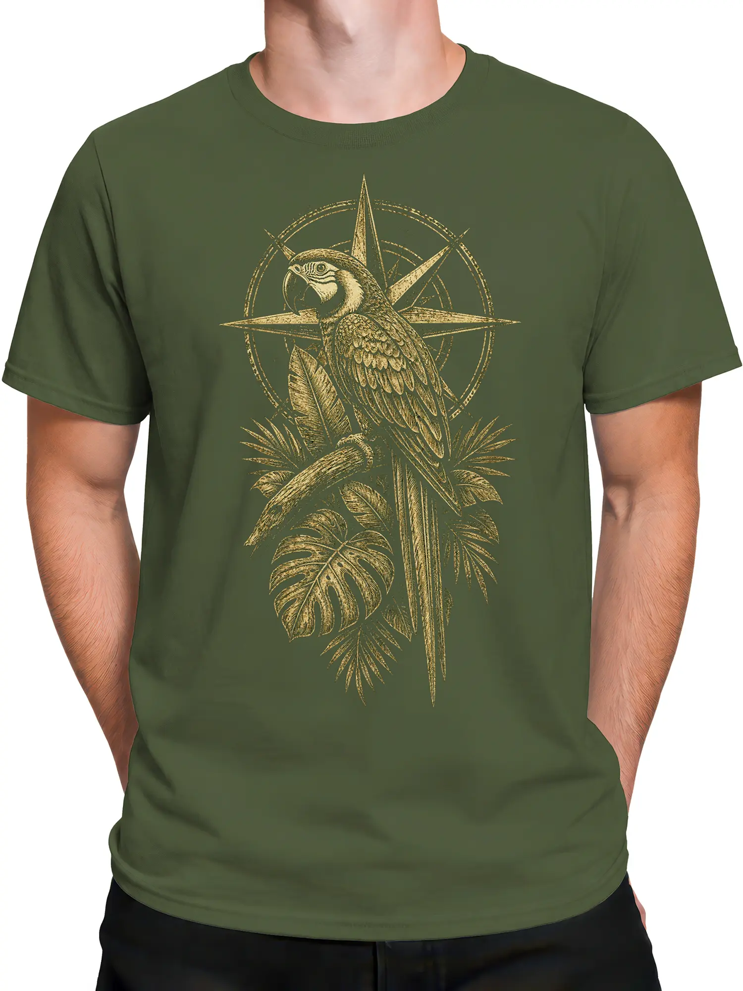 Male torso wearing an olive green T-shirt with vintage parrot and compass star artwork