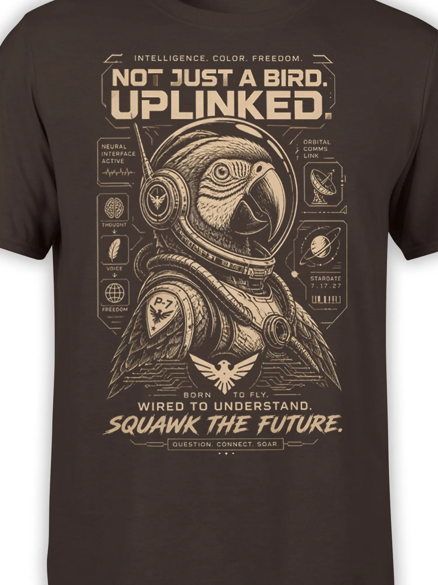 Close-up of the futuristic bird space helmet and orbital interface artwork printed on a brown shirt