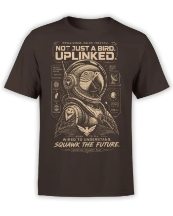 Futuristic bird in a space helmet on a brown shirt with the words Not Just a Bird Uplinked
