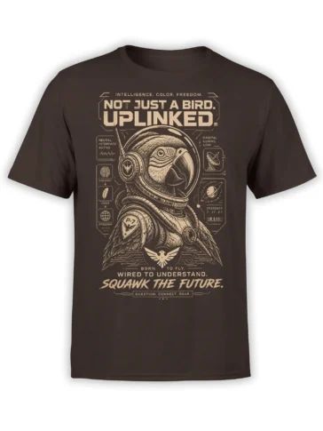 Futuristic bird in a space helmet on a brown shirt with the words Not Just a Bird Uplinked