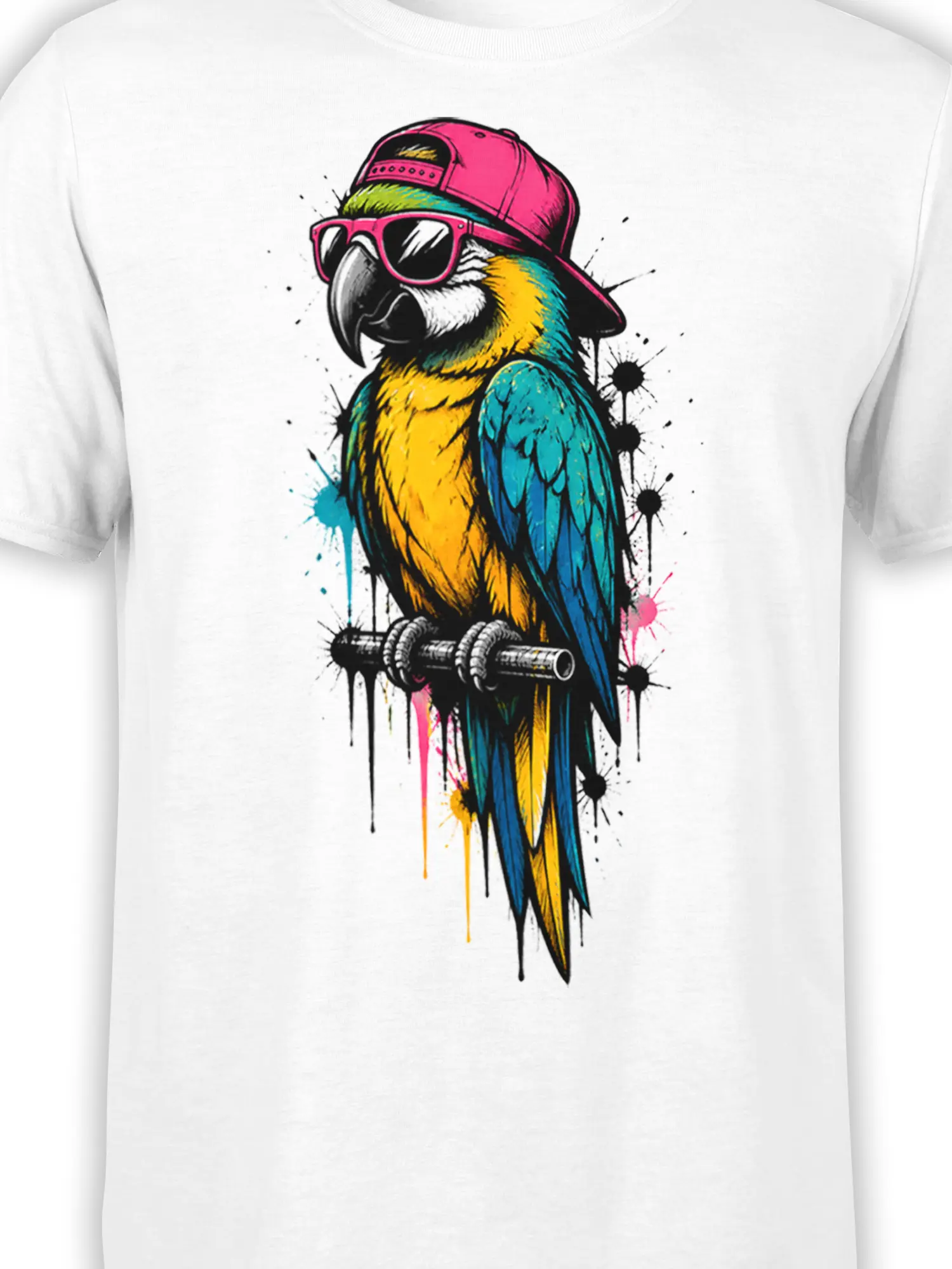 Close-up of colorful parrot graphic with pink sunglasses on white fabric