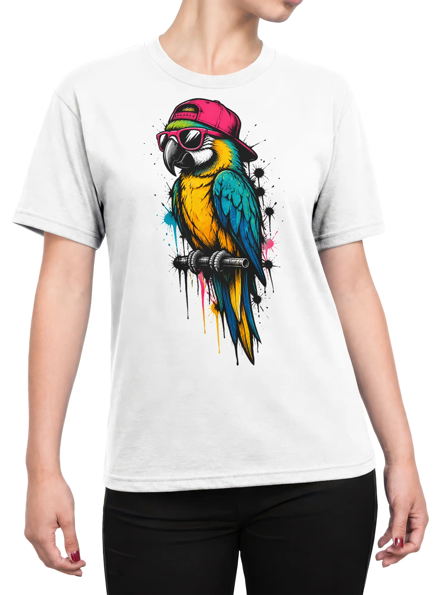 Female torso wearing a white T-shirt with a colorful parrot and pink sunglasses