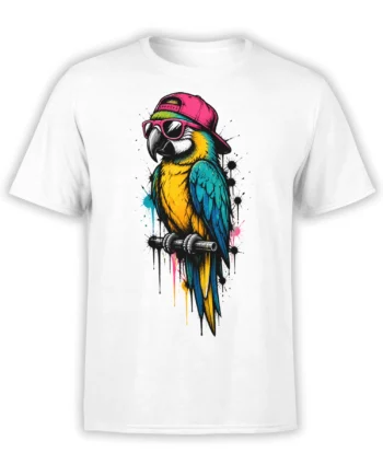 Colorful parrot wearing pink sunglasses and a backward cap on a white T-shirt
